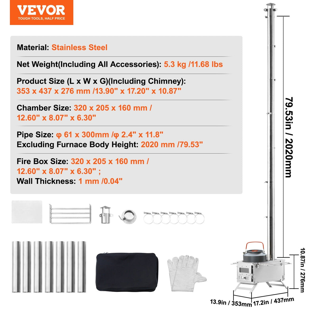 Wood Stove Camping Tent Stove 80 Inch Stainless Steel, 700in³ Firebox, 8 Accessories, BBQ Grill Plate — image 6