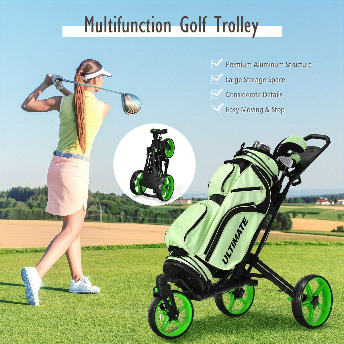 Golf Push Cart with Adjustable Handle and Swivel Front Wheel — image 6