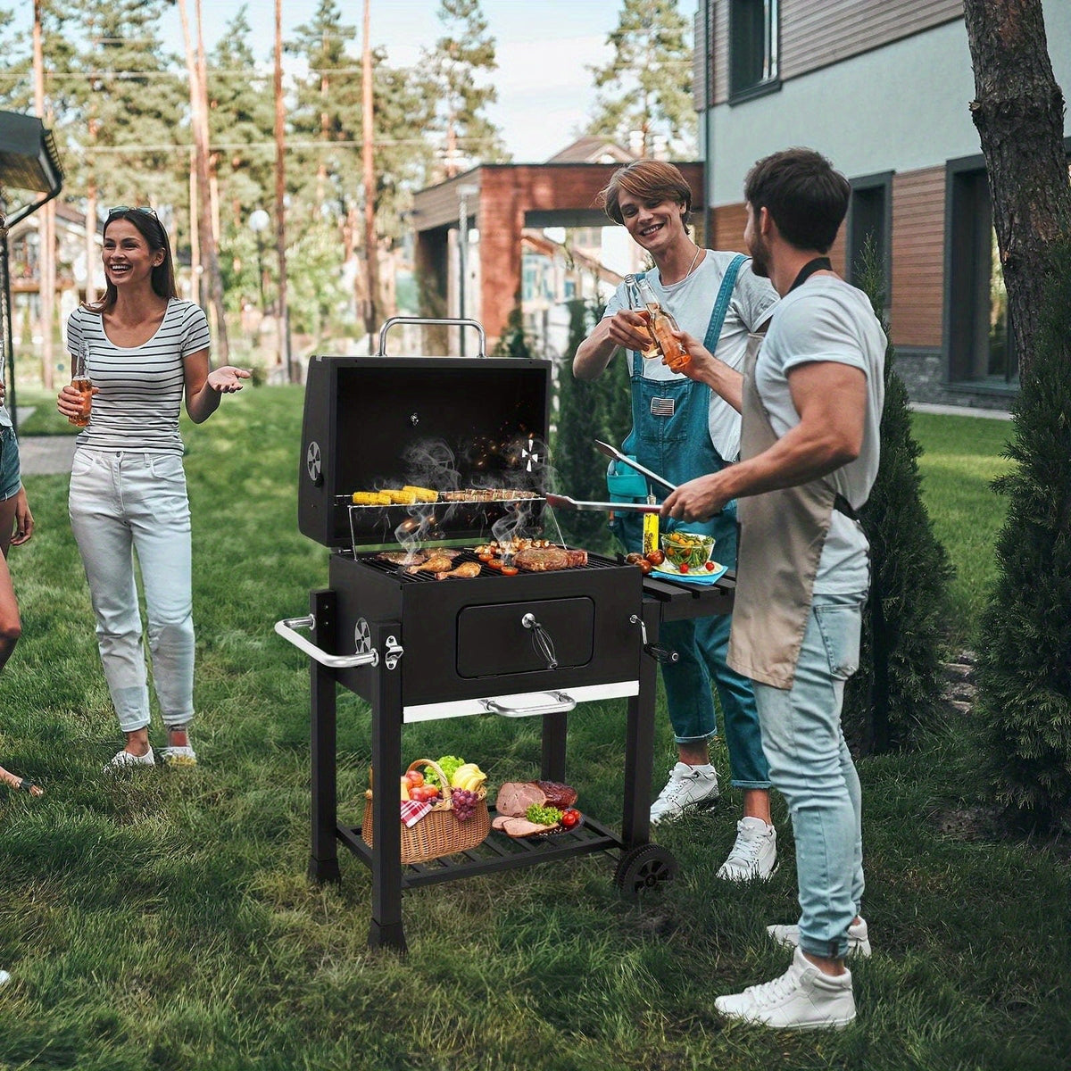 Cart Charcoal Grill with Adjustable Pan, Lid, Wheels, Lower Rack, Thermometer and Folding Side Shelf — image 1