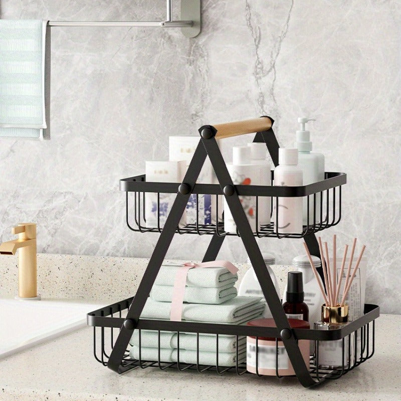 Two-Tier Black Wire Fruit Basket with Wood-Look Carry Handle and 12.2-Inch Countertop Frame — image 6