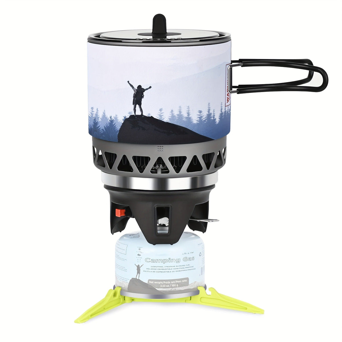 Backpacking Stove Cooking System with Pot Piezo Ignition 1KW Isobutane Burner 1.2L Pot Brackets Included for Garden, Patio an