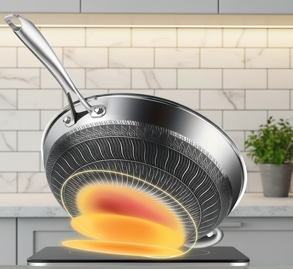 13.3″ Stainless Steel Wok Pan with Lid & Spatula – Nonstick – All Cooktops