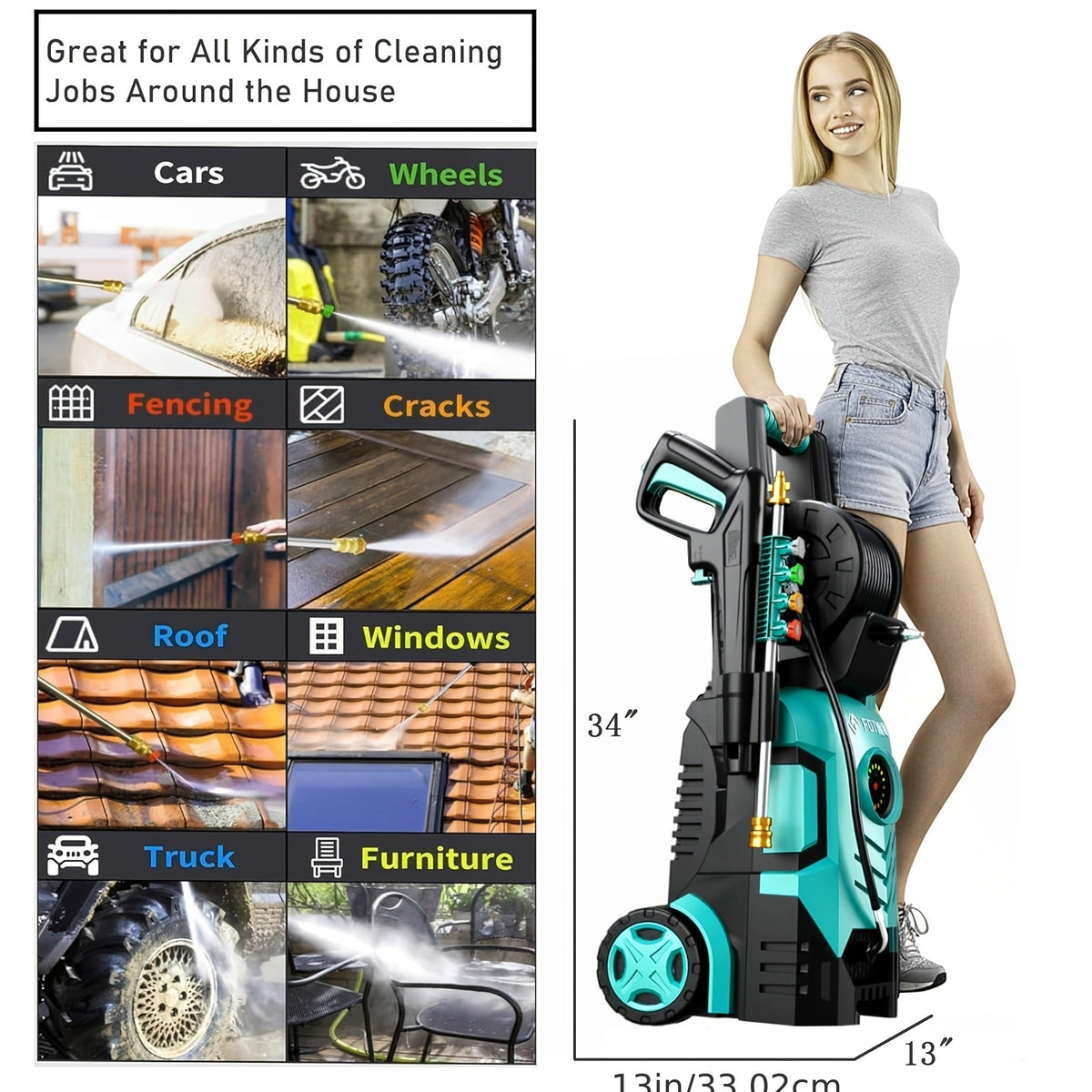 Pressure Washer 5000PSI Electric Power Washer 2.4-3.6GPM Adjustable 8-Level Touch Screen 34" Tall for Garden, Patio and Yard 