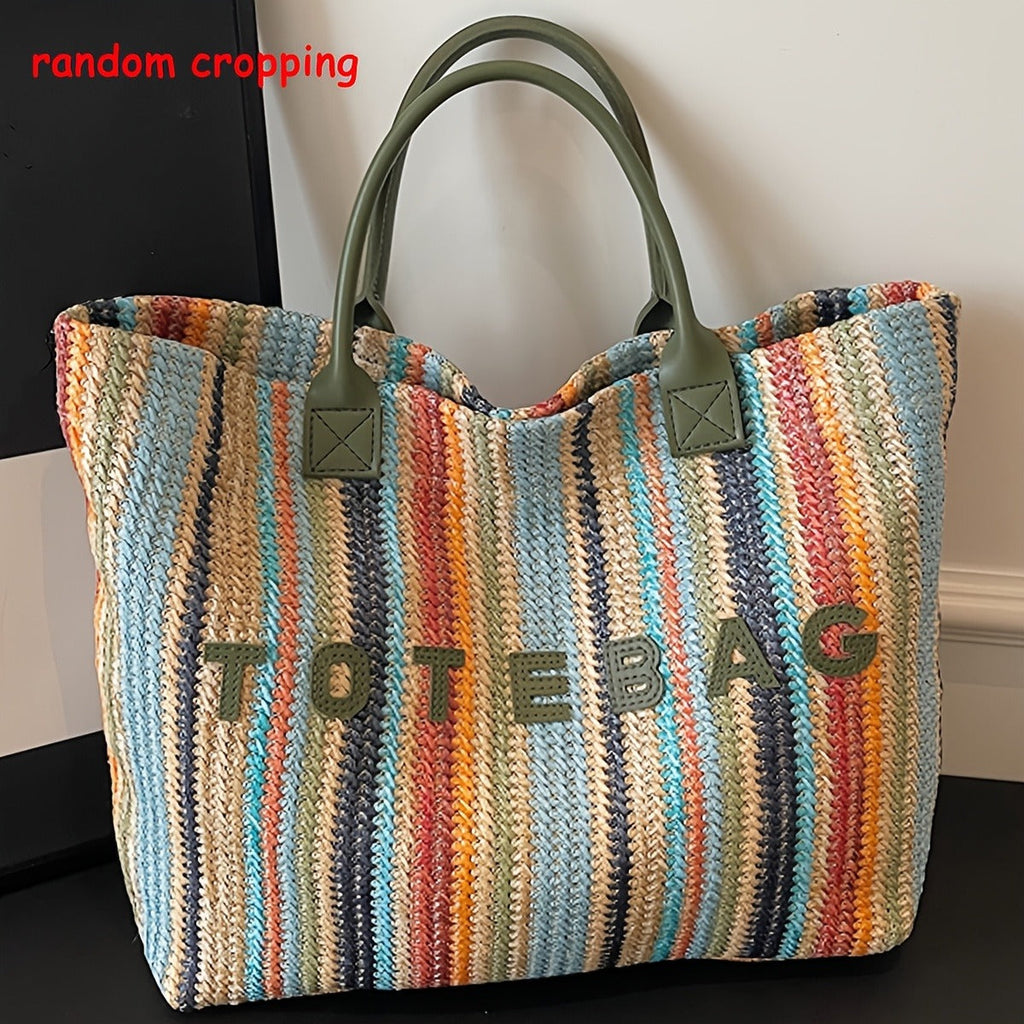 Straw Tote Bag for Women Large Capacity Bohemian Hand-Woven Striped Beach Bag Summer Vacation Shoulder Bag Colorful Letter Pa