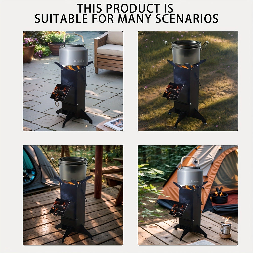 Black Rocket Stove with Detachable Side Feed Door, Four-Leg Base and Wood or Charcoal Fuel Configuration — image 6