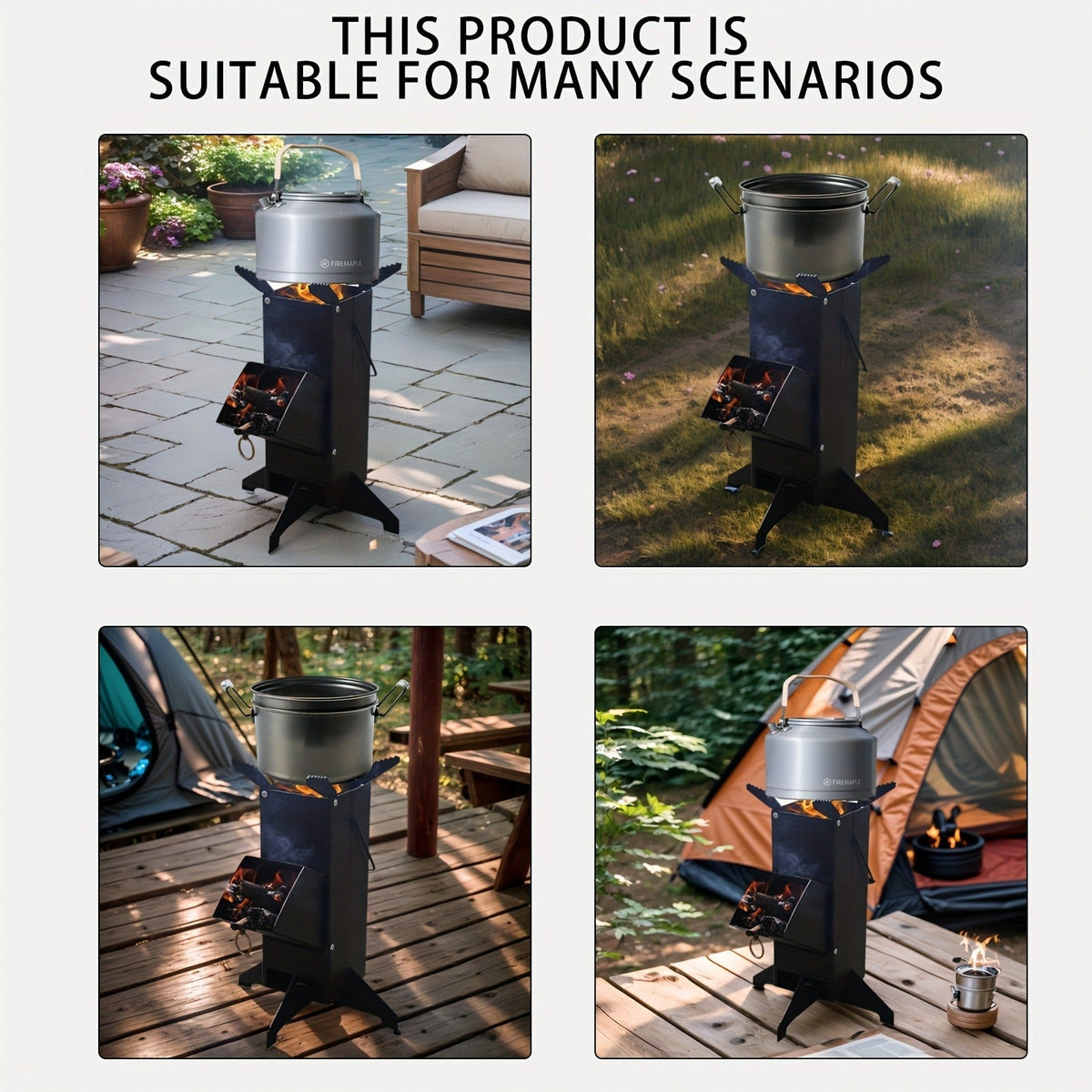 Black Rocket Stove with Detachable Side Feed Door, Four-Leg Base and Wood or Charcoal Fuel Configuration — image 6