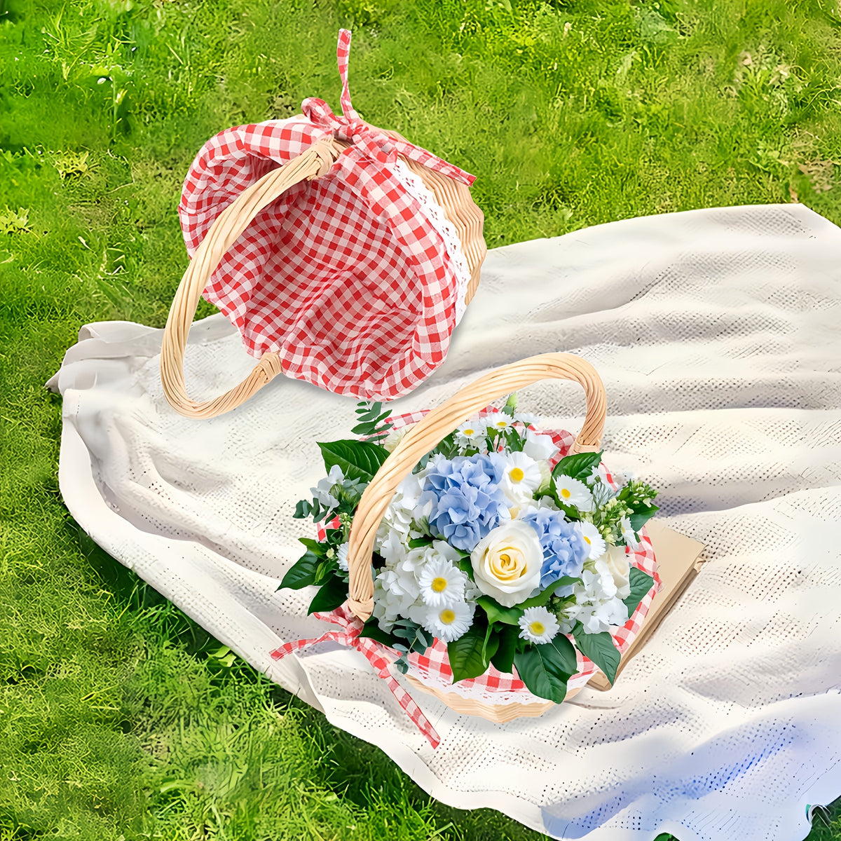 Large Wicker Picnic Basket with Split Lid, Central Carry Handle and Red Checkered Textile Lining — image 6