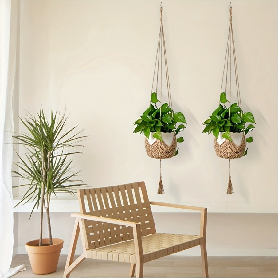 Macrame Plant Hanger with Tassels, Bohemian Cotton Rope Crochet Wall Basket, Indoor Outdoor Hanging Planter with Hooks, Boho 