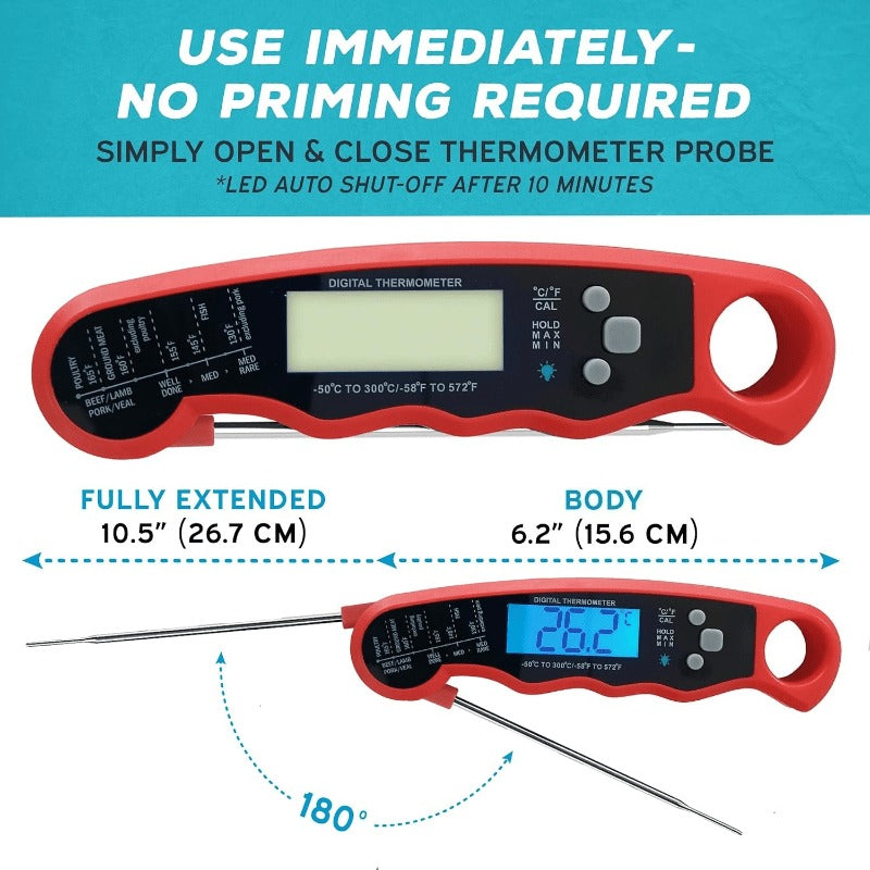 Red and Black Folding Digital Food Thermometer with Backlit Display, Calibration Mode, Unit Switch and Hanging Loop — image 5