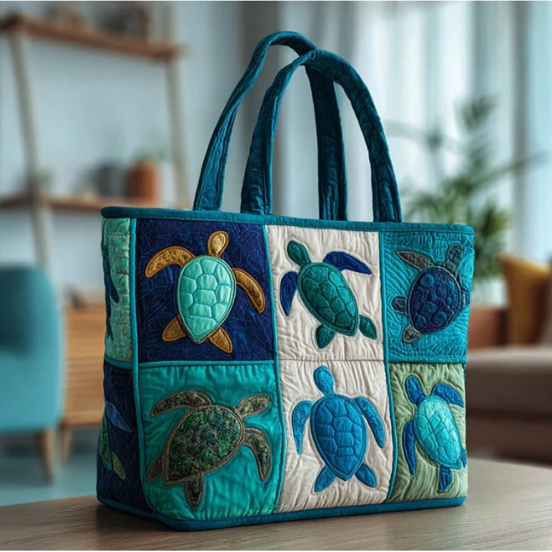 Sea Turtle Patchwork Tote Bag with Quilted Panels, Teal Handles and 17 x 15.75-Inch Checkout Size — image 1