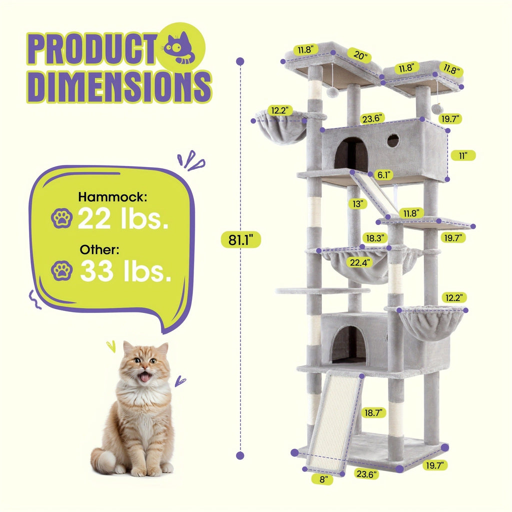 Multi-Level Cat Tree in 36-, 65-, 68- or 81-Inch Heights with Perches, Condo, Hammock and 30 Color, Pattern or Layout Options