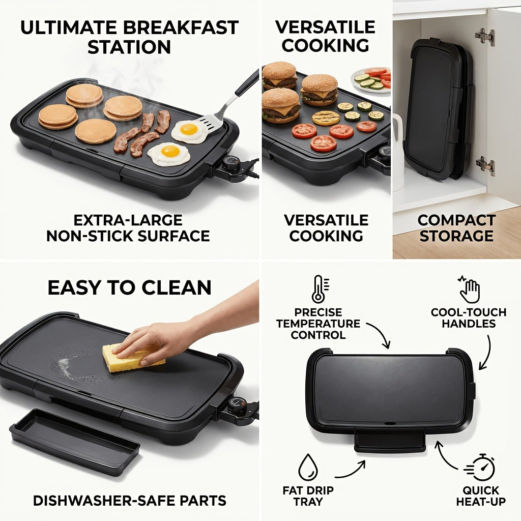 Electric Griddle Non-Stick Teppanyaki Grill Pan, Frying & Grilling All-in-One for Eggs, Steaks, Bacon — image 8