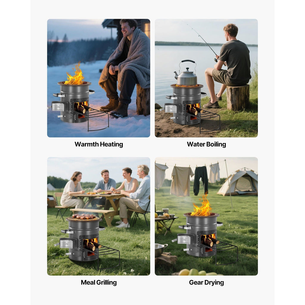 Wood Burning Rocket Stove Portable Camping Stove with Cast Iron Top, Double Door, Fireproof Lining — image 6