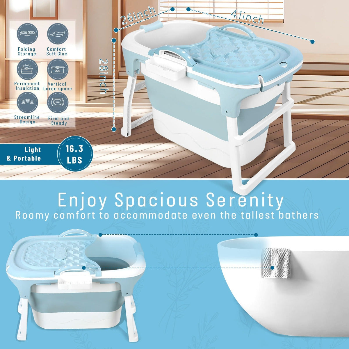 Portable Bathtub for Adults with Insulation Cover & Drainage Pipe, Foldable Hot Tub for Indoor Outdoor Sauna — image 7