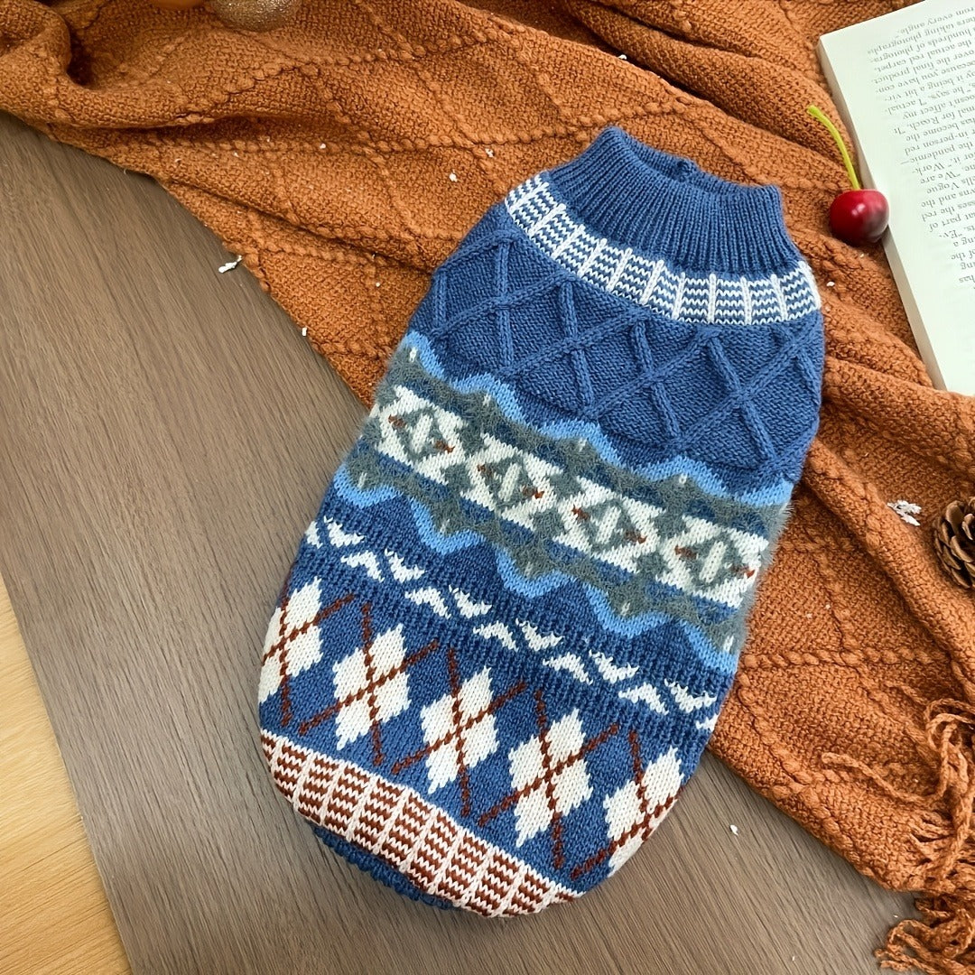 Cable-Knit Dog Turtleneck Sweater with Fair Isle Pattern, Beige or Blue and Five XS–XL Sizes — image 3