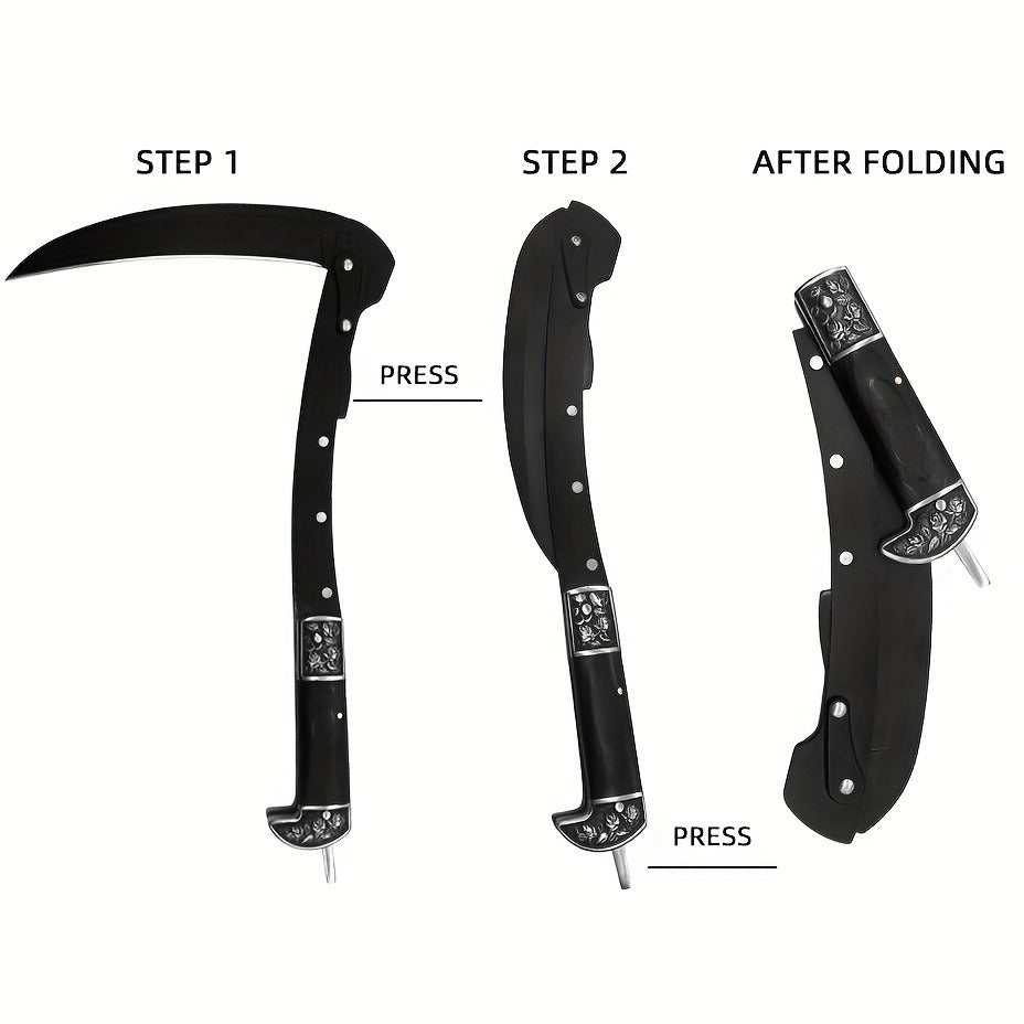 Folding Sickle Stainless Steel Flat Edge Blade with Black Wood Handle & Double Bolsters for Garden, Patio and Yard Use — imag