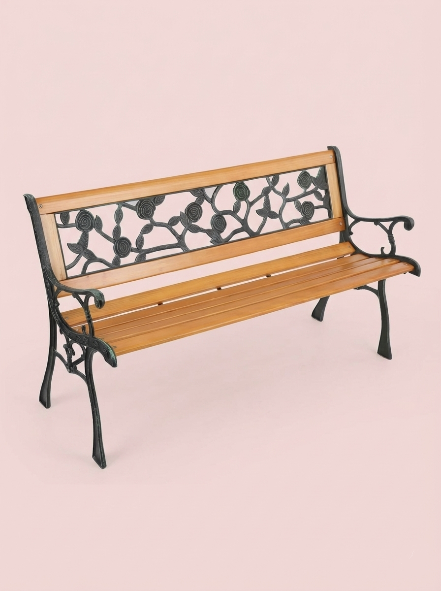 Cast Iron & Wood Outdoor Garden Bench with Ornate Backrest