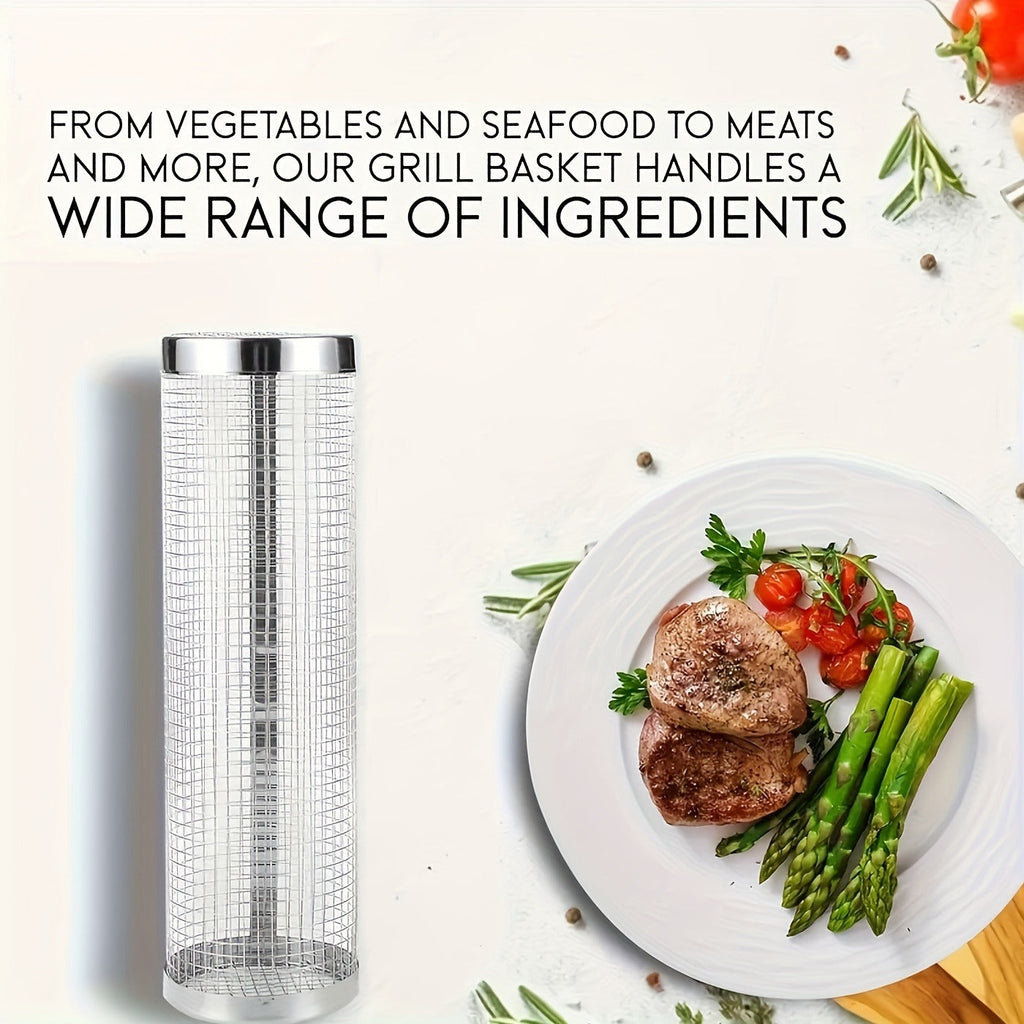 Rolling Grill Basket Stainless Steel 2-Pack, Cylinder BBQ Basket with Hook & Fork for Vegetables — image 6