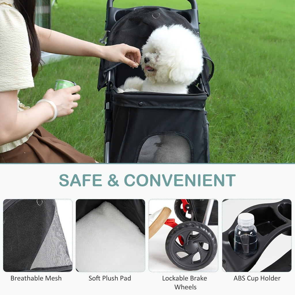 Black Three-Wheel Pet Stroller with Mesh Cabin, Front Cover, Cup Tray and Lower Storage Basket — image 14