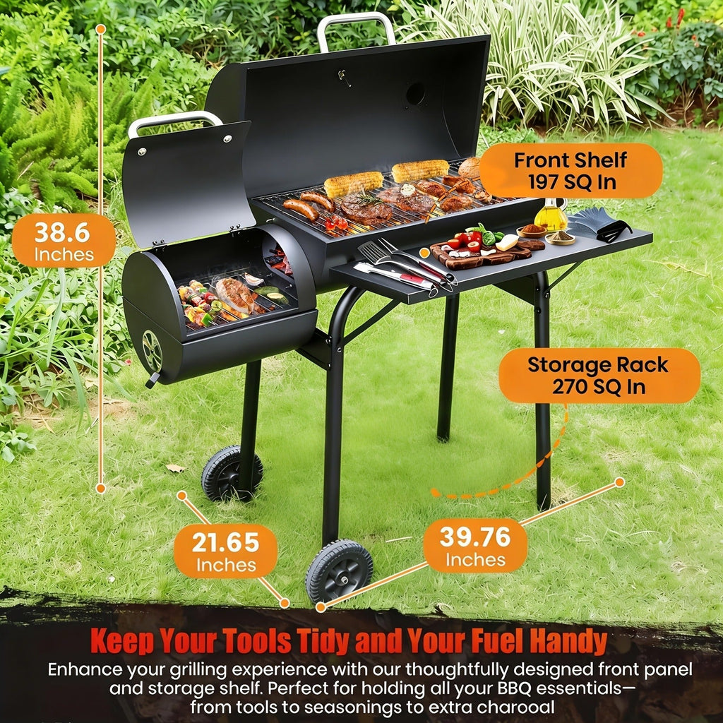 Barrel Charcoal Grill with Offset Smoker, Wheeled Cart, Side Firebox and Two Black Configuration Options — image 7