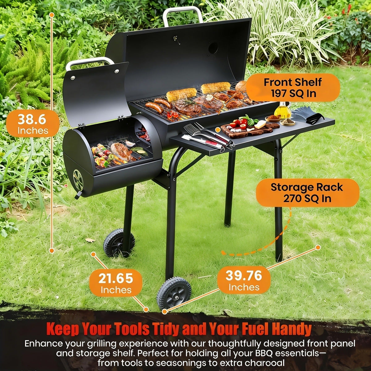 Barrel Charcoal Grill with Offset Smoker, Wheeled Cart, Side Firebox and Two Black Configuration Options — image 7