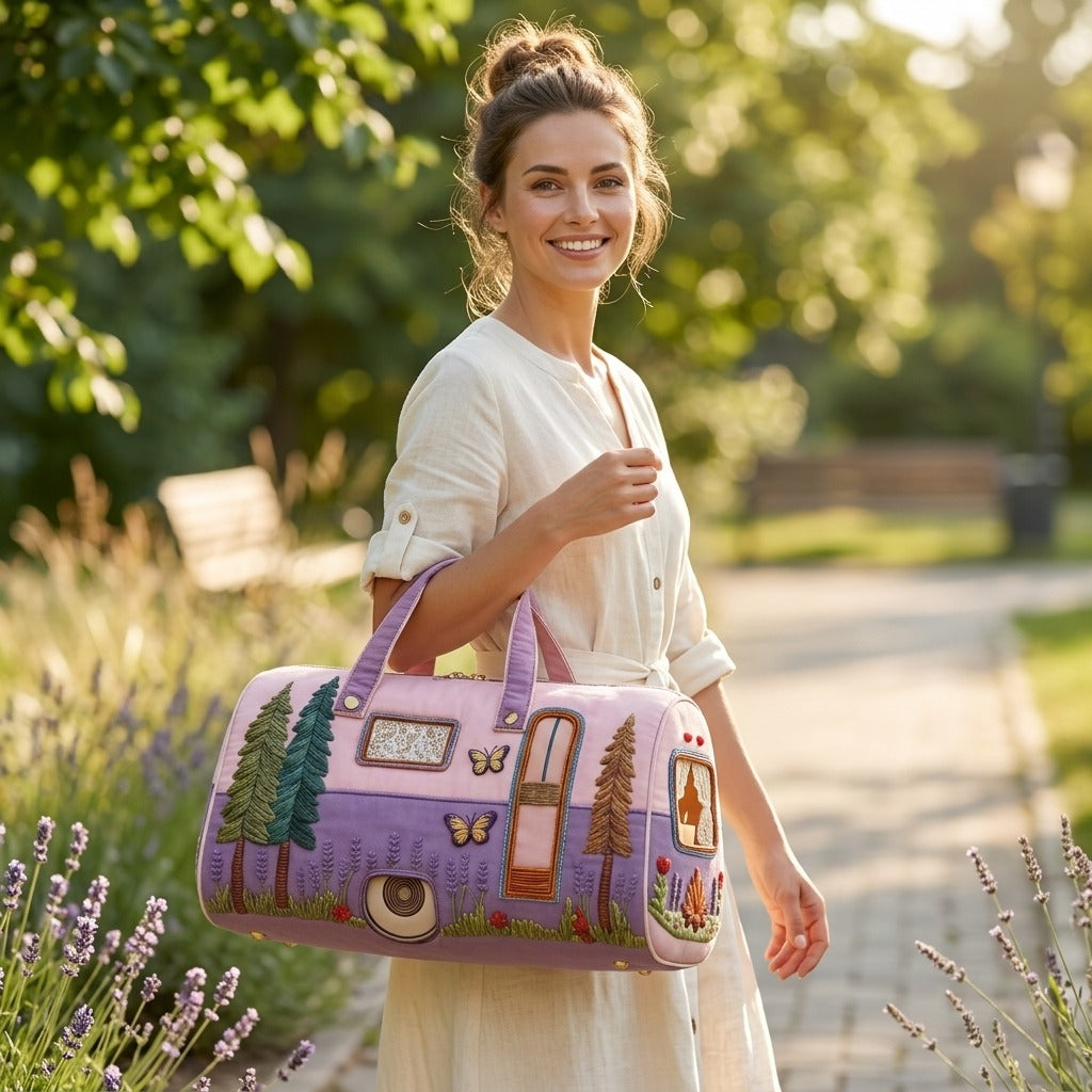 Camper Motif Quilted Travel Tote Bag with Zippered Top, Lavender Handles and 16 x 8 x 8-Inch Checkout Size — image 6
