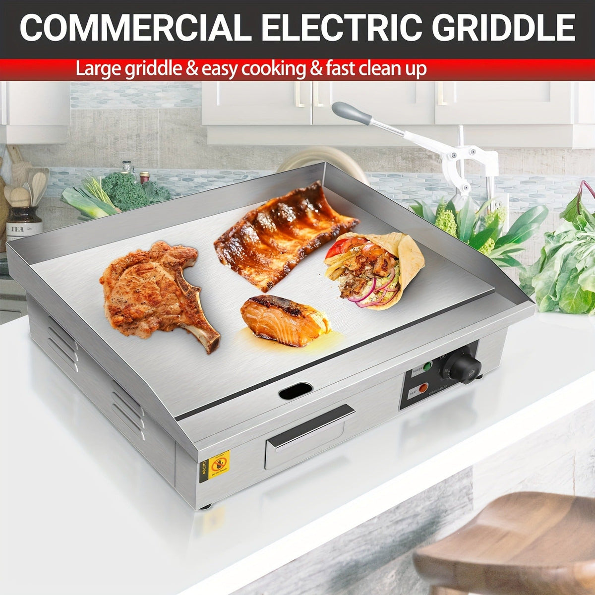 Flat Top Griddle 22 Inch 1600W Electric Countertop Teppanyaki Grill Non-Stick Stainless Steel Commercial for Garden, Patio an