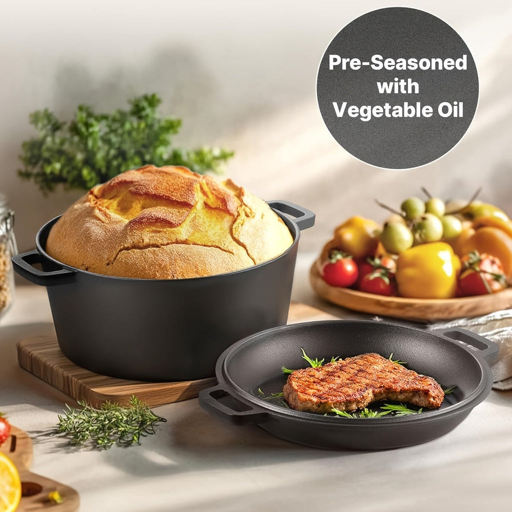 Pre-Seasoned-Labeled Cast Iron Dutch Oven with Reversible Skillet Lid, Trivet, Handle Covers and Scraper — image 1