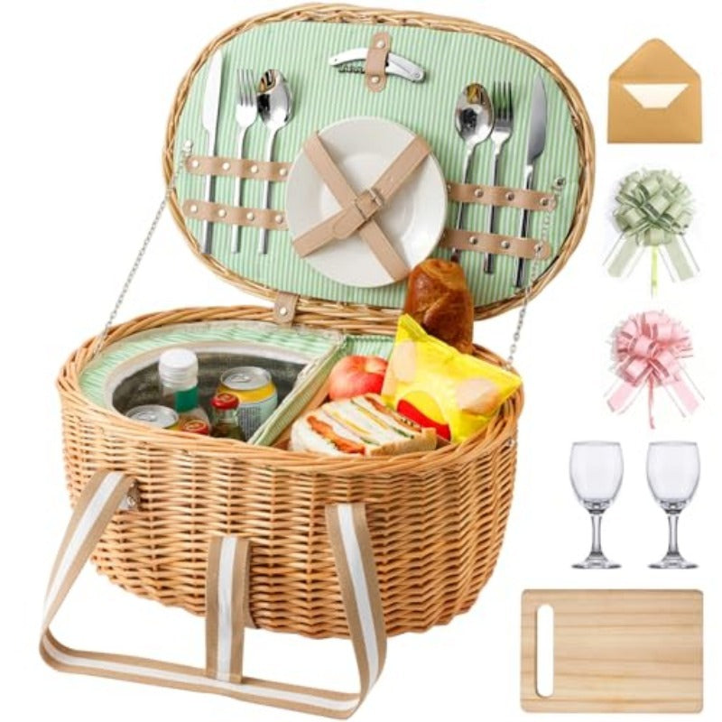 Insulated Wicker Picnic Hamper Set for Two with Cutlery, Ceramic Plates, Glasses and Cheese Board — image 6