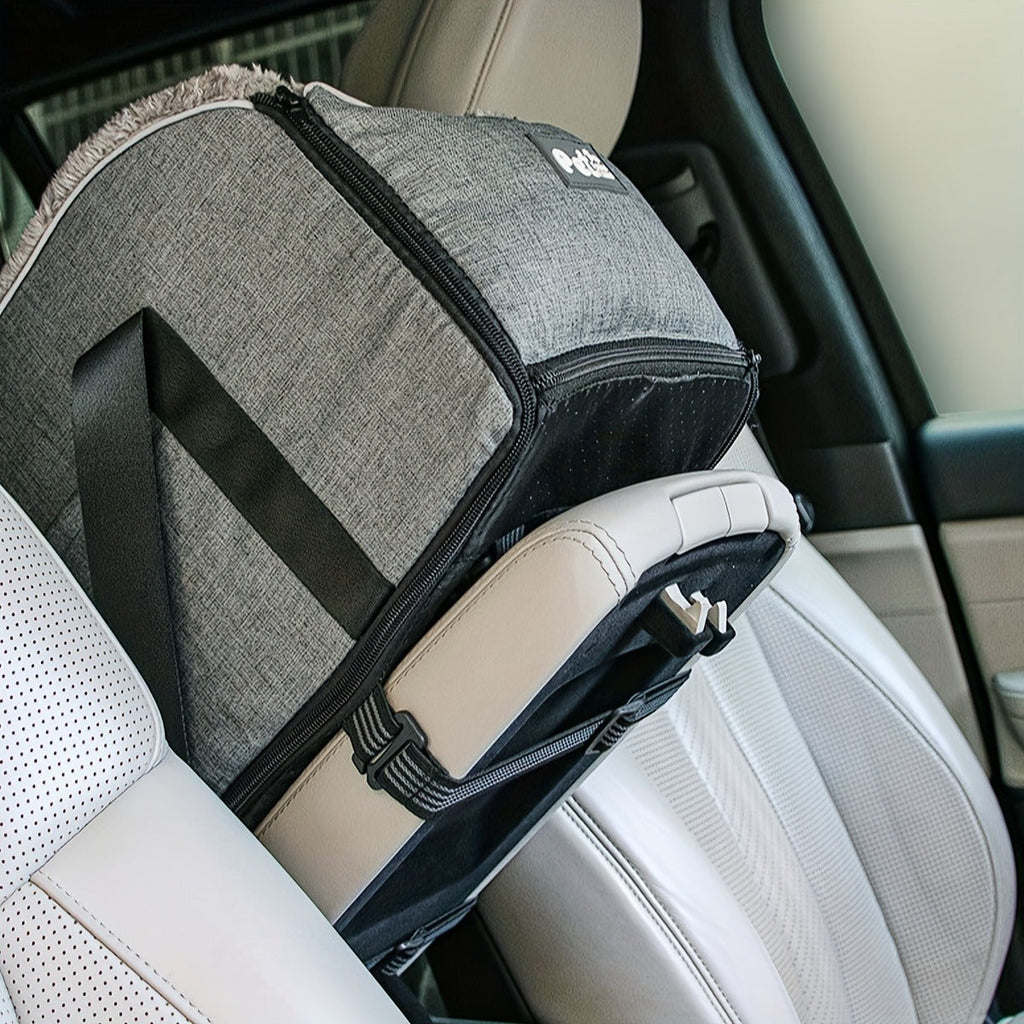 Open-Top Pet Carrier Car Seat Tote with Padded Rim, Attachment Straps, Interior Clip and Grey Fabric Exterior — image 14