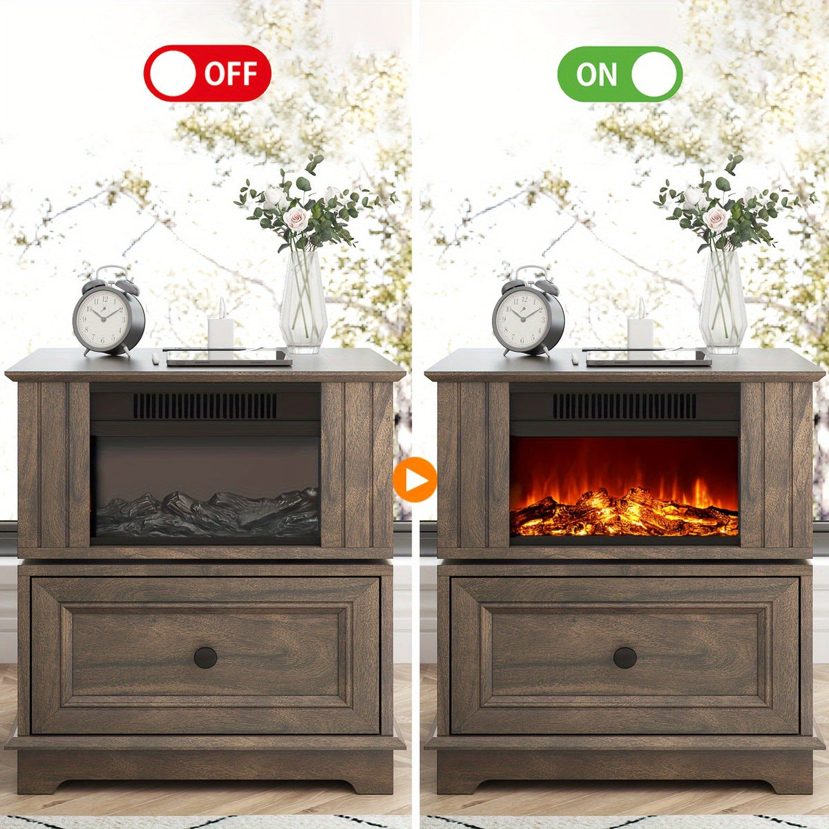 Electric Fireplace End Table Rotating 13-Inch Screen Side Table with Fast Charging Station Storage Shelf for Living Room Bedr