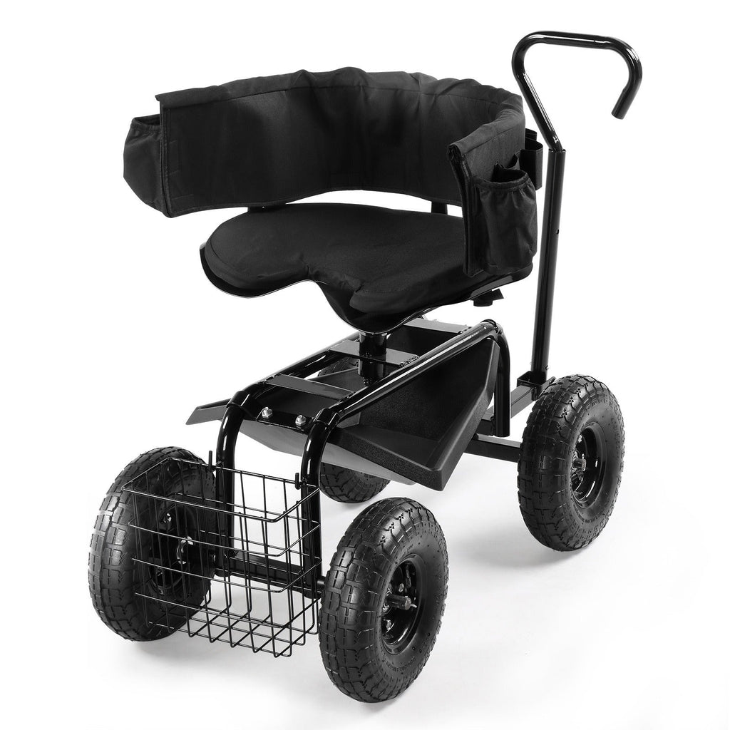 Rolling Garden Seat Cart, Backrest, Cushion, Telescopic Handle & Storage Basket, Steel Frame — image 7