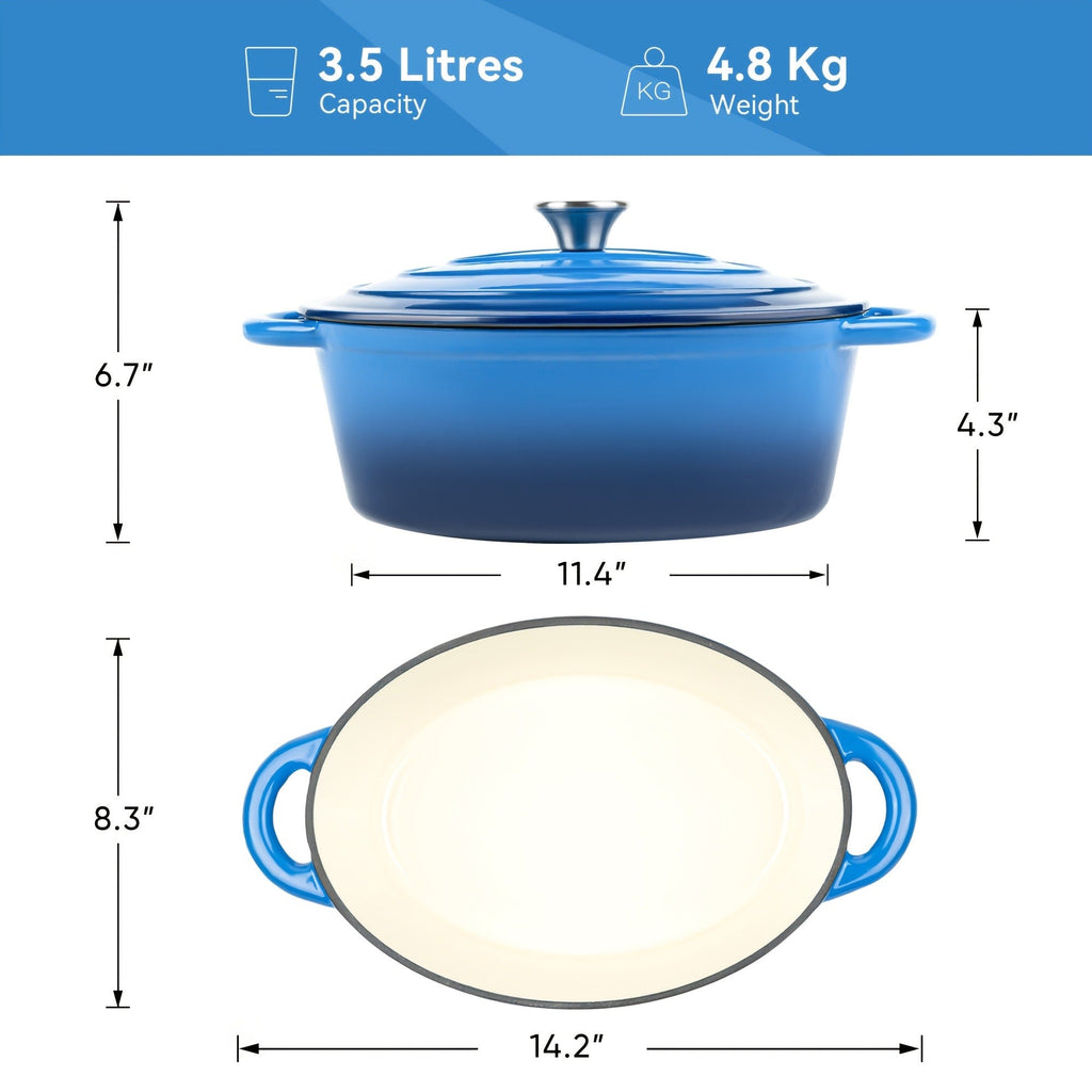 Dutch Oven Enameled Cast Iron 4.5QT with Lid & Dual Handles – Oval Non-Stick Enamel Coating for Bread Baking Soups Stews Brai