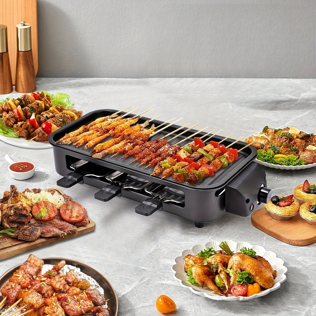Indoor Smokeless Electric Grill 1500W Non-Stick Raclette Table Grill with Removable Plate & 3 Mini Pans Compact BBQ Griddle —
