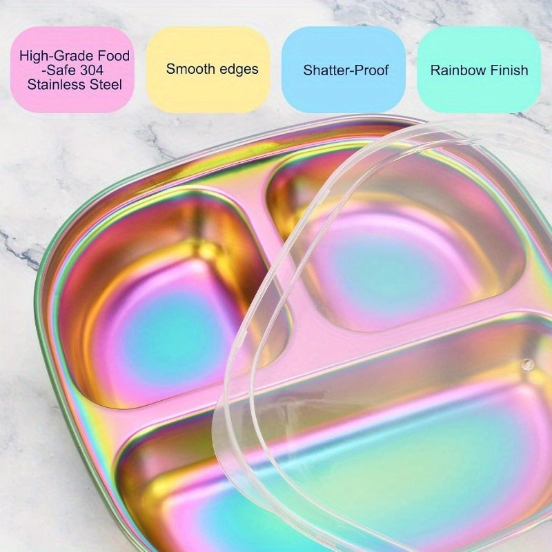 Divided Plates Stainless Steel Set of 4 with Lids – Kids Adults Portion Control Trays, for Home Cooking, Dining and Outdoor M