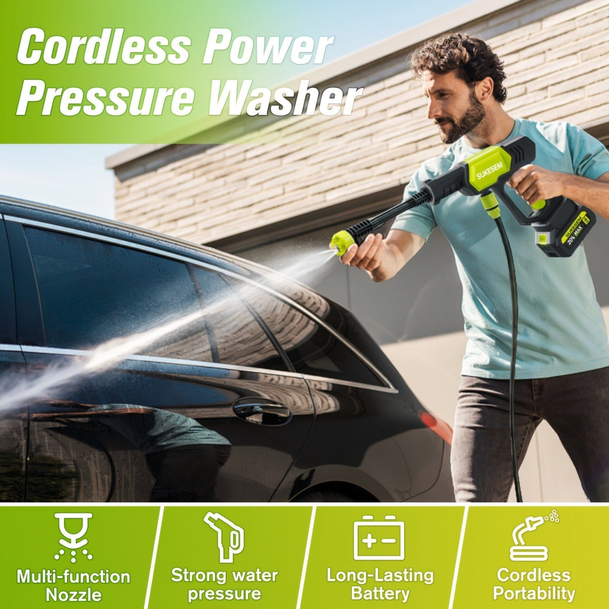 Cordless Pressure Washer Battery Powered Portable Car Wash Gun High Pressure Cleaner for Cars Yards for Garden, Patio and Yar