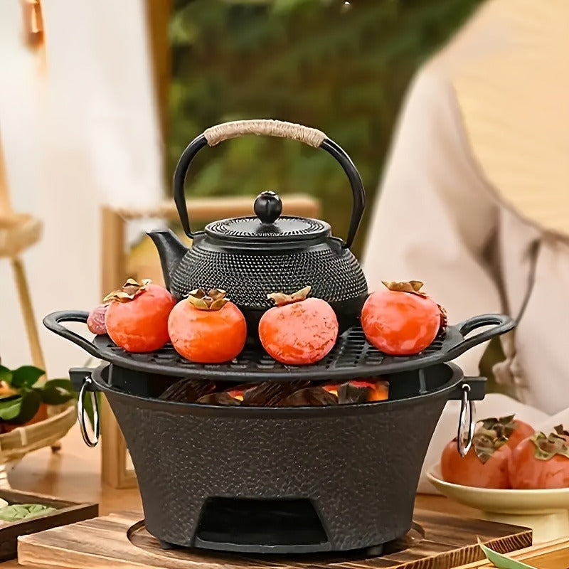 10.6-Inch Round Charcoal Grill Set with Cast-Iron Body, Cooking Grid, Wooden Base and Tongs — image 6