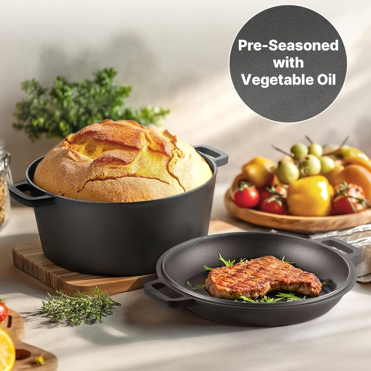 Pre-Seasoned-Labeled Cast Iron Dutch Oven with Reversible Skillet Lid, Trivet, Handle Covers and Scraper — image 6