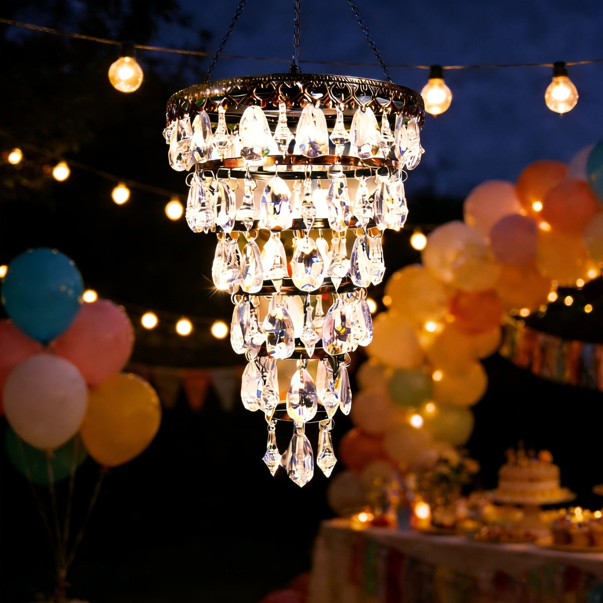 Solar Outdoor Lights 54-LED Hanging Crystal Chandelier in 6-Tier, Oval or Round Style for Gazebo Decor — image 7