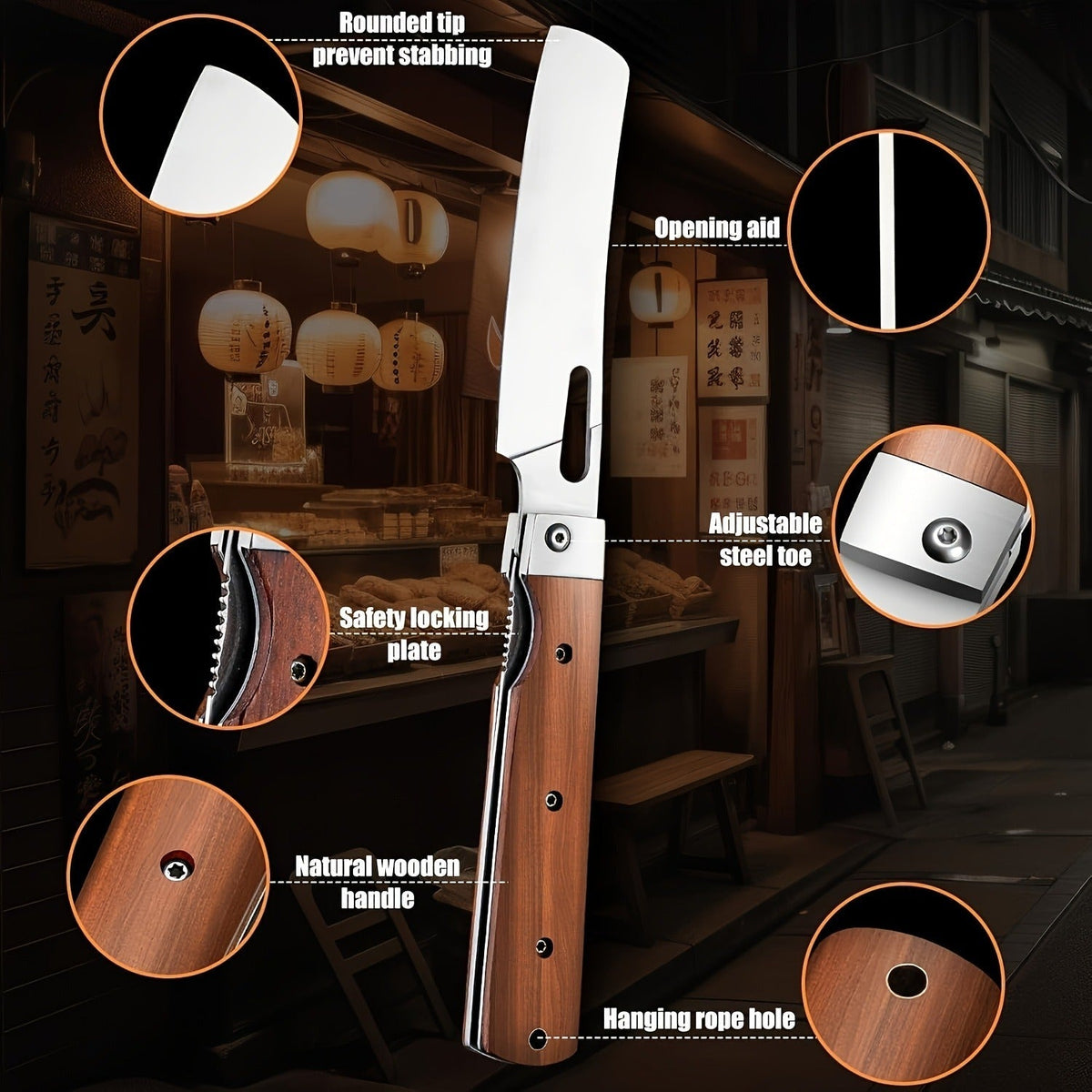 Folding Nakiri Kitchen Knife with 440C Stainless Steel Label, Wood-Look Handle, Drawstring Pouch and Box — image 6