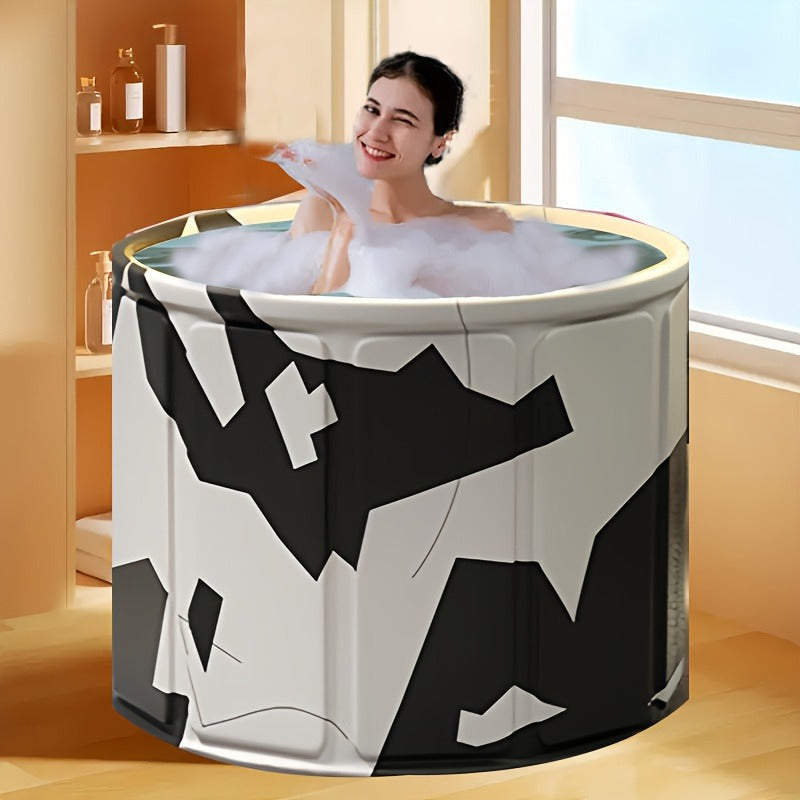 Round Foldable Adult Soaking Tub in Black-and-White Geometric Pattern with Freestanding Support Frame and Drain — image 6