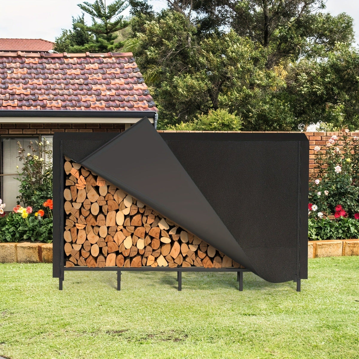 Firewood Rack Heavy Duty Adjustable – Outdoor & Indoor Log Holder with Cover, A-Frame Steel Wood Storage Stand for Fireplace,