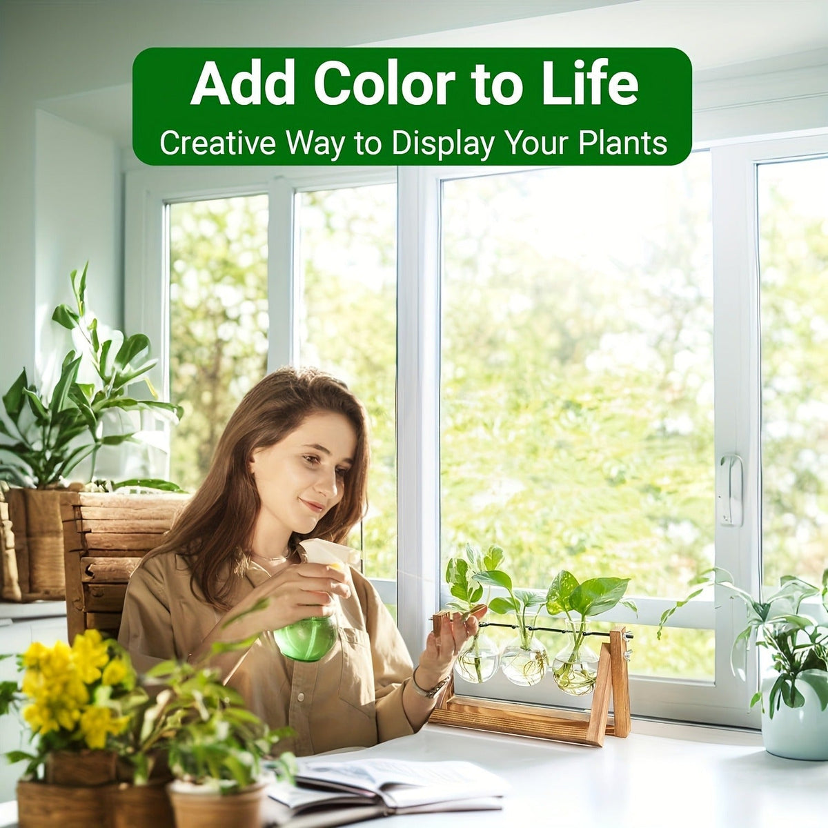 Propagation Station 3 Bulb Glass Vase with Wooden Stand – Hydroponic Plant Terrarium for Home Office Desk Decor — image 6