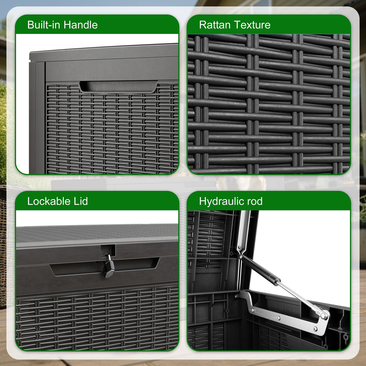 Large Gray Rattan-Look Outdoor Storage Box with 110-Gallon Pictured Capacity, Handles and Hinged Lid — image 6