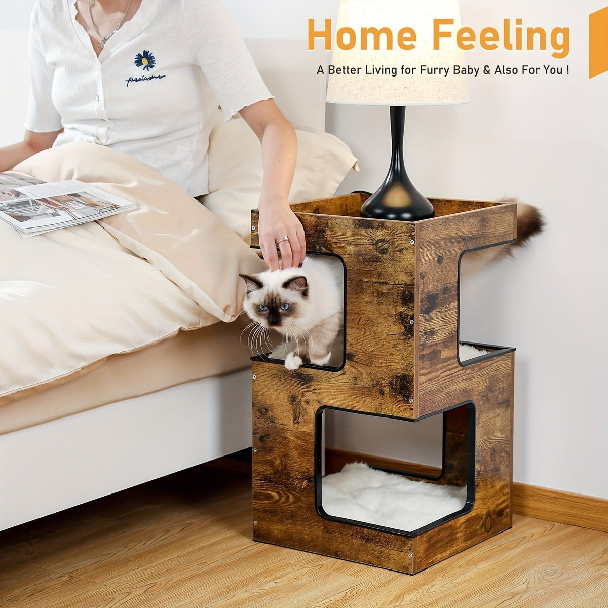 23.6-Inch Wood-Look Cat Tree Bed with Three Levels, Removable Soft Mats and Brown Finish for Indoor Cats — image 3