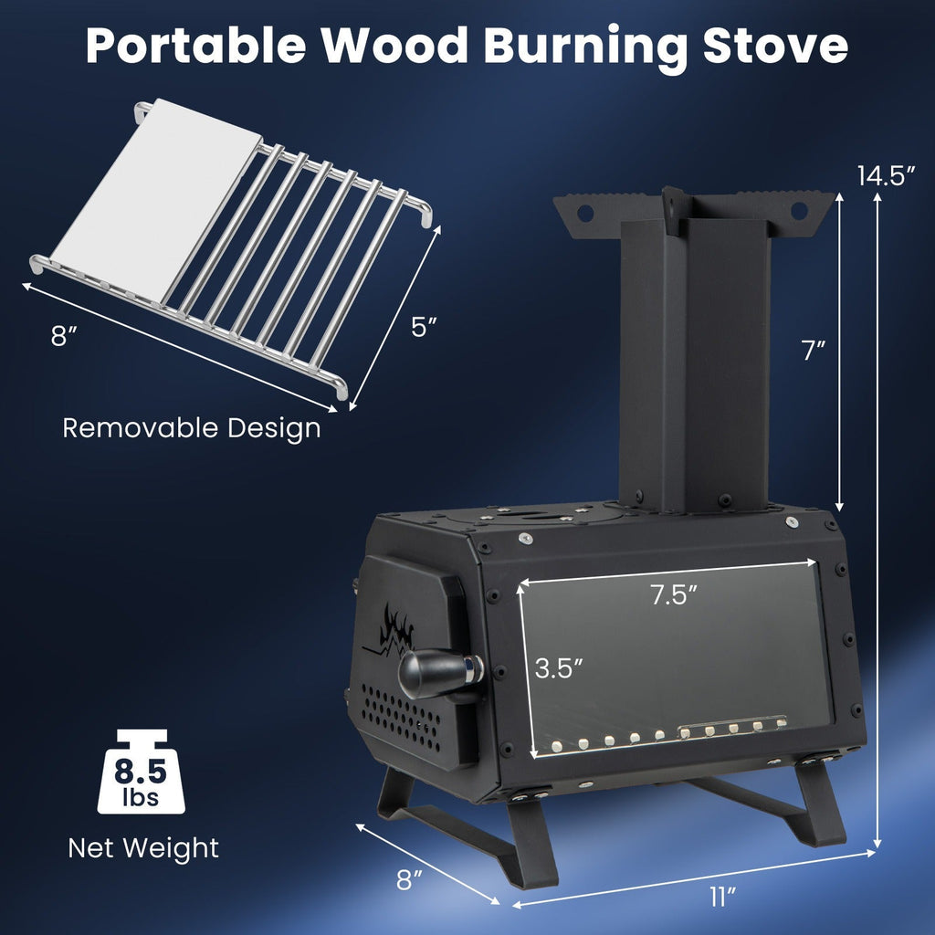 Camp Stove Wood Burning 2-in-1 Outdoor Cookstove & Heater, Carbon Steel, Glass-Ceramic Window, Dual Cooking Positions — image