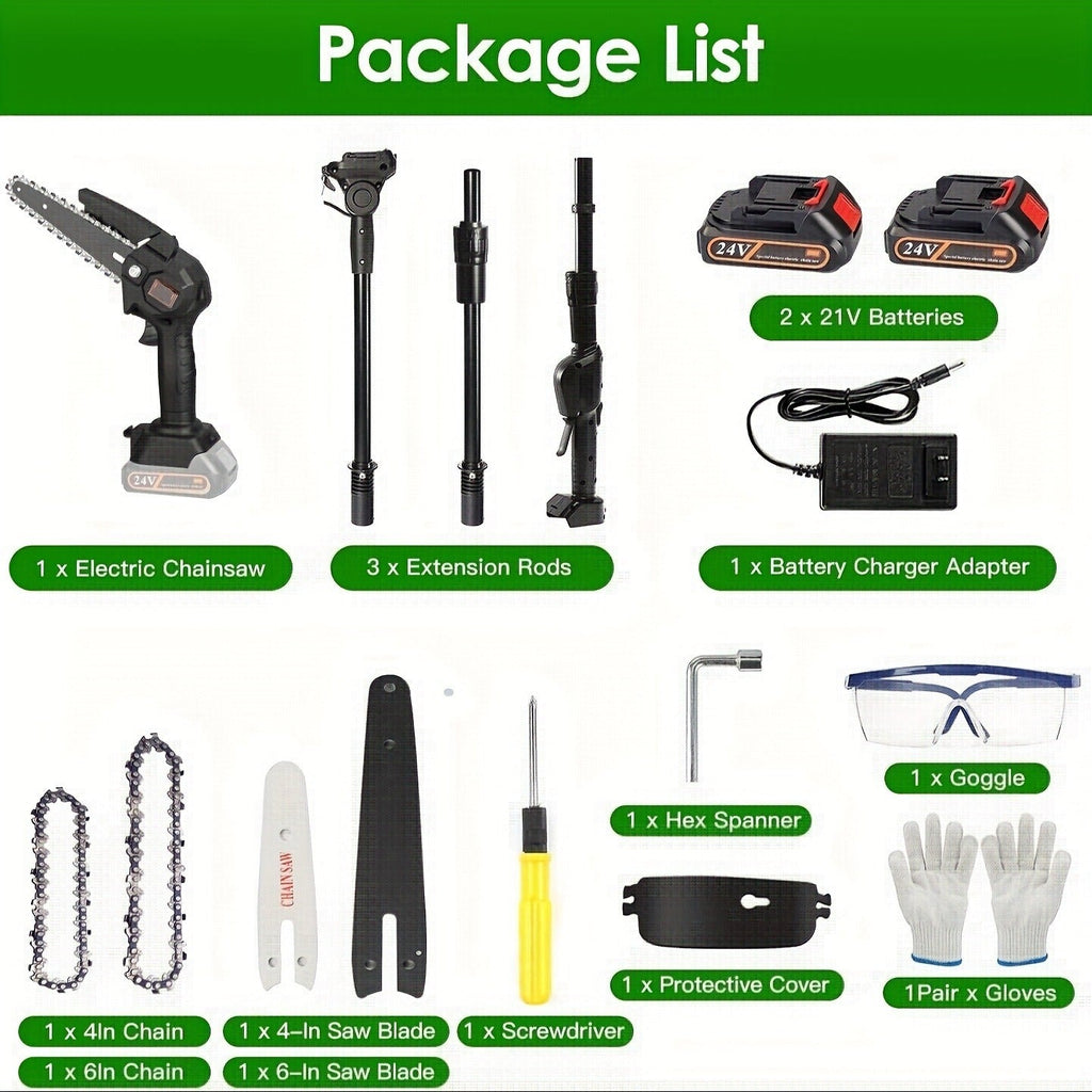 Cordless 4- and 6-Inch Pole Saw with Three Extension Sections, 90° Head, Two Batteries and Two Colors — image 11