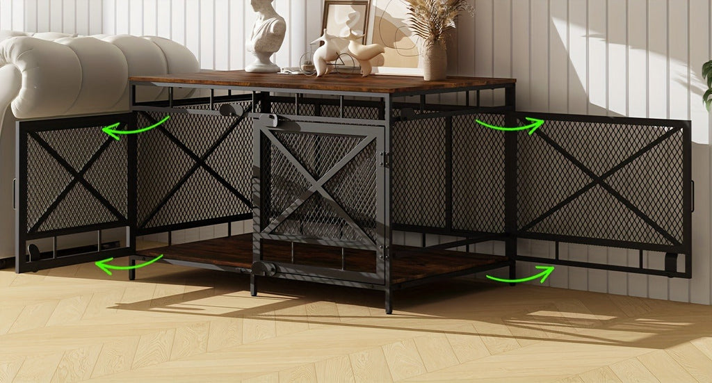43-Inch Corner Dog Crate Furniture with Vintage Wood-Look Top, Metal Mesh Sides and Side Doors — image 9