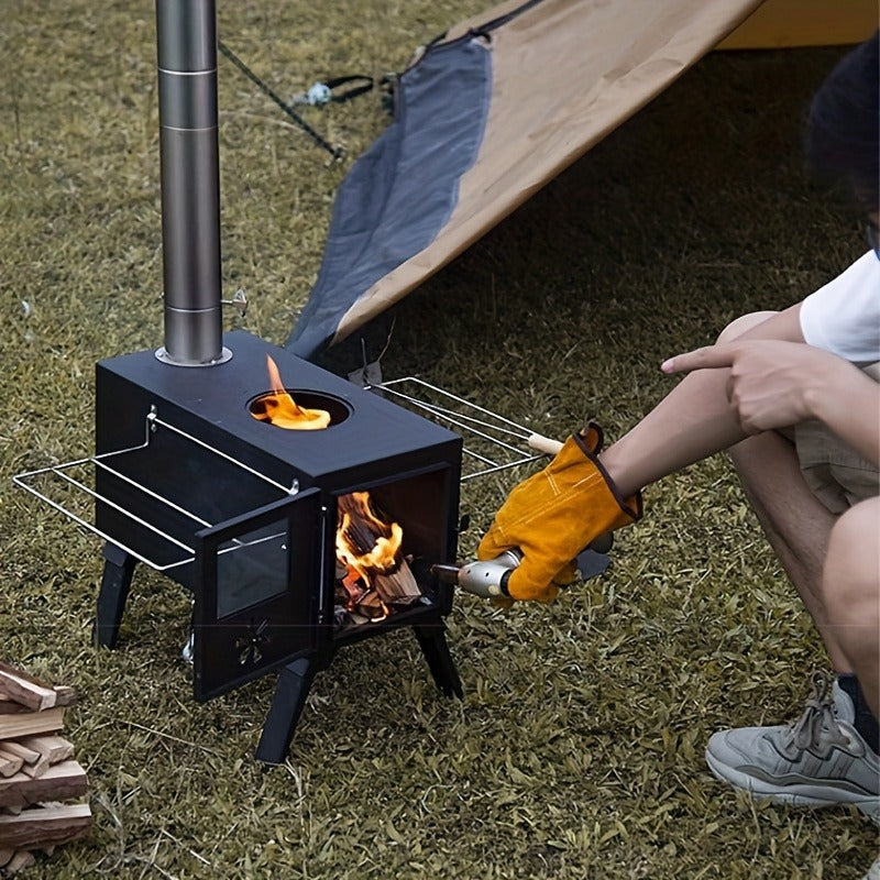 Portable Wood Stove with Chimney Pipe Set, Folding Legs, Side Shelves and Silver or Black Finish Options — image 7