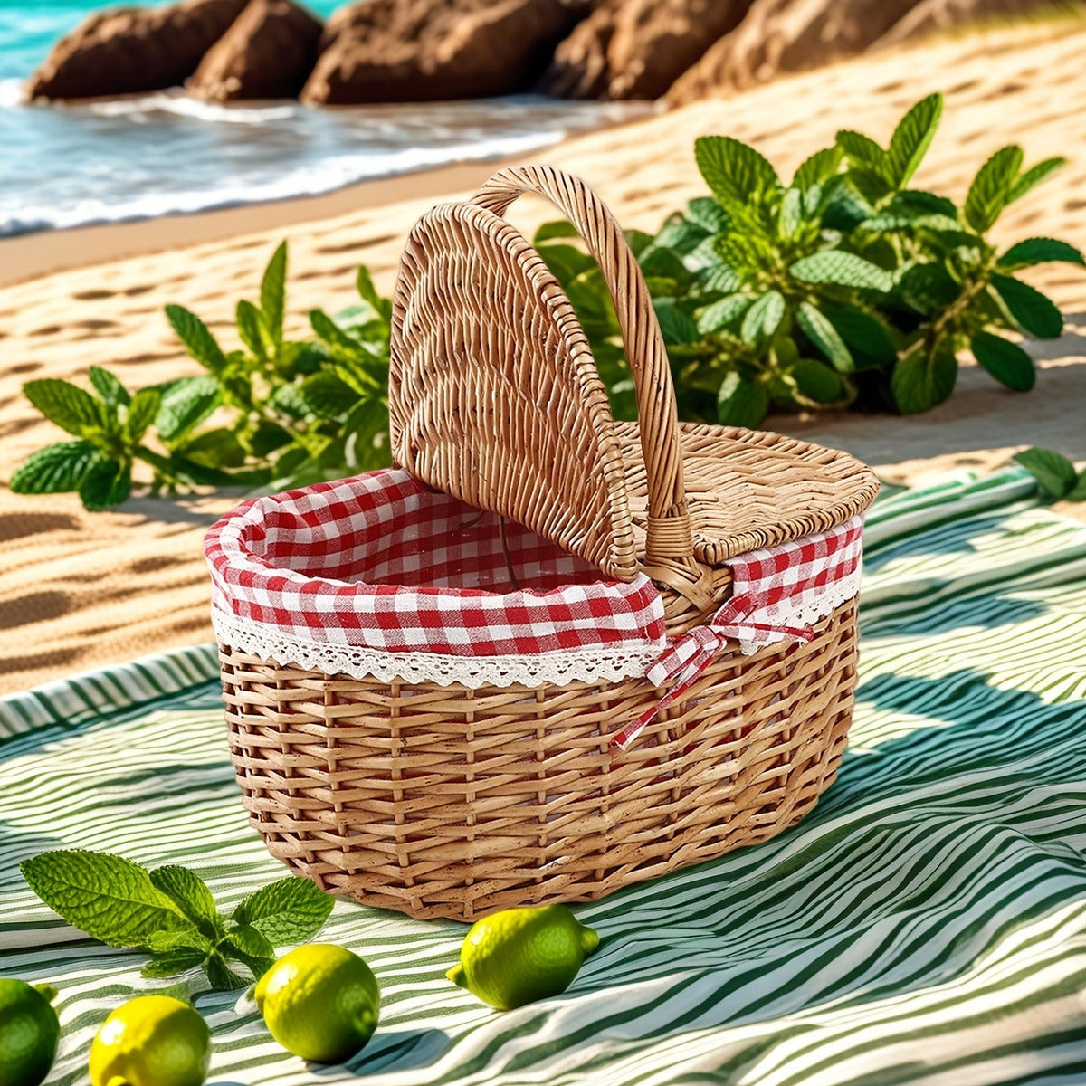 Willow Picnic Hamper Basket with Hinged Lid, Carry Handle and Red Checkered Textile Lining — image 6